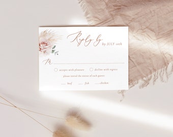 Boho rose RSVp card beach eucalyptus respond card template Pampas grass enclosure card Palm Leaf RSVP editable  Bohemian blush floral Pamela