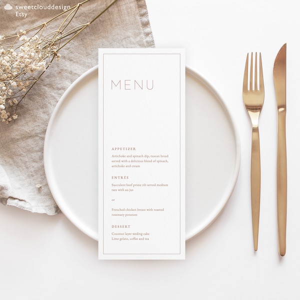 BOHO Simple Menu Template, Minimalist  Burnt Orange Menu template, Modern wedding table, Editable Download Dinner Menu Cards Momo