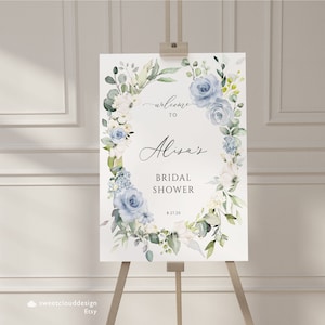 dusty blue flower Bridal Shower Sign blue White floral Bridal Shower Template Vertical soft blue flower welcome Bridal Sign Printable blue