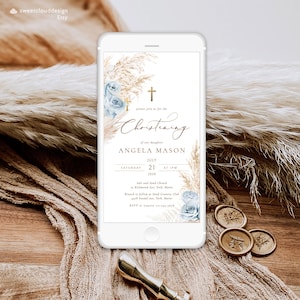 BOHO Blaue Rose Taufe digitale Einladung Pampasgras Blaue Rose Taufe Telefon einladen Vorlage Tauftext einladen