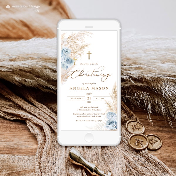 BOHO Blue rose Christening digital Invitation pampas grass Blue Rose Christening phone invite Template Electronic Christening text invite