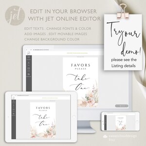 Puede incluir: Plantilla digital editable para un cartel de favor de boda. El cartel presenta un dise&ntilde;o de acuarela con flores secas, hierba de la pampa y una rosa rosa. El texto en el cartel dice "Favors Please Take One".