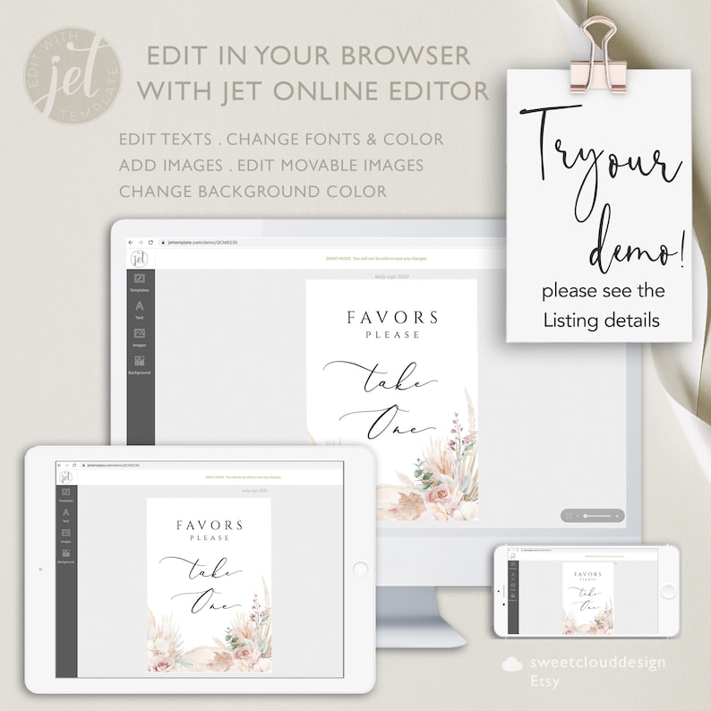 Puede incluir: Plantilla digital editable para un cartel de favor de boda. El cartel presenta un dise&ntilde;o de acuarela con flores secas, hierba de la pampa y una rosa rosa. El texto en el cartel dice "Favors Please Take One".