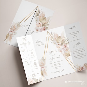 Invitación de boda plegable con diseño de orquídea en color rubor, invitación boho dorada, plantilla de hierba de la pampa, invitación imprimible con hojas de palma, puerta rosa boho dorada