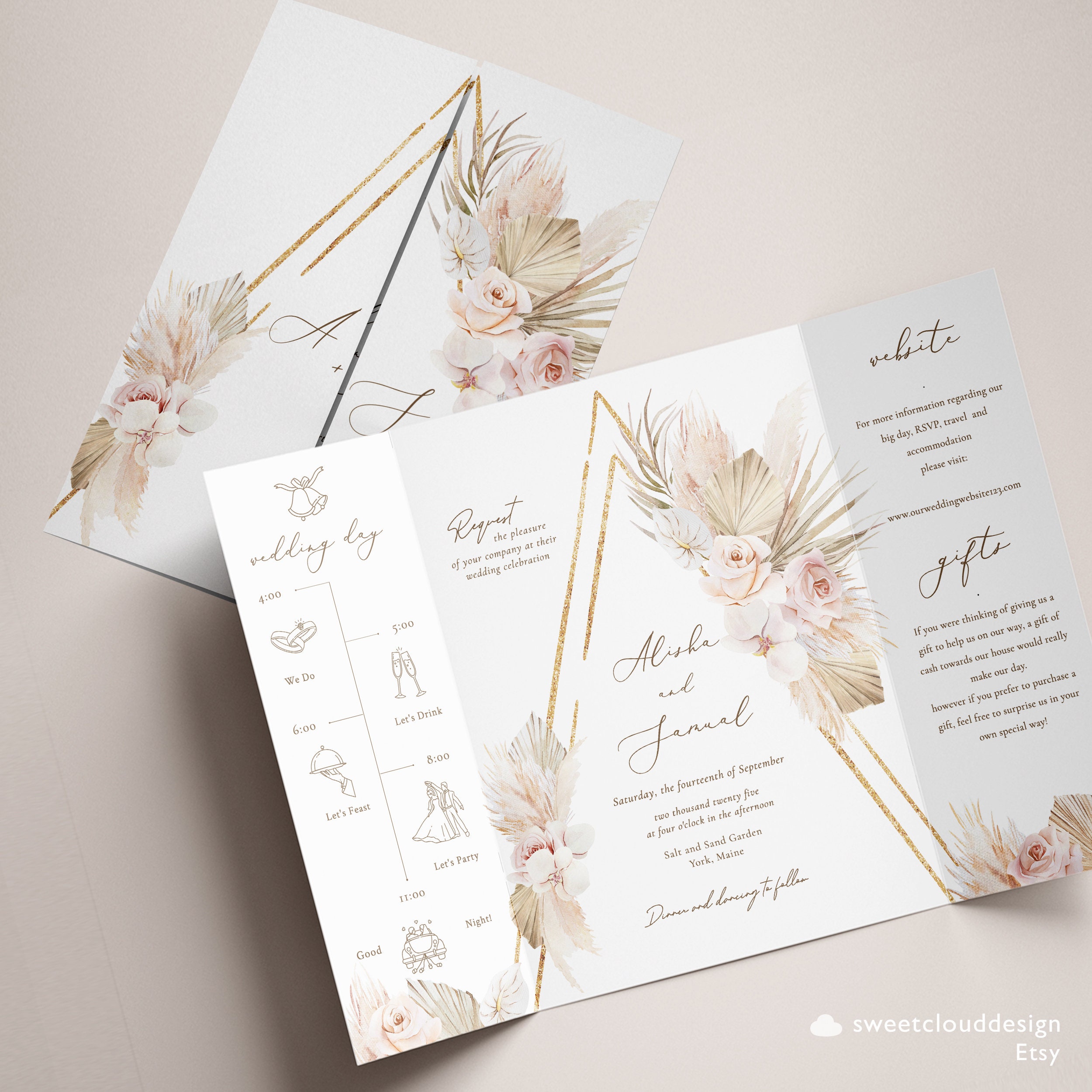 Gate fold Blush ORCHID Wedding Invitation boho gold Invitation Etsy