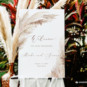 Pampas Grass Bienvenido Boda Signo Plantilla Vertical Pampas Bienvenido Signo Imprimible Oro Signo de Bienvenida Elegante Boda Bienvenido Signo Pamgrass