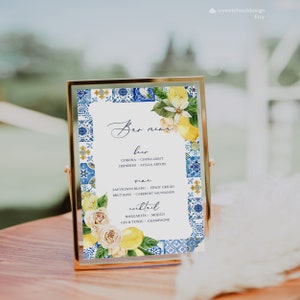 Blaue fliesen und zitronen Signature Drink Sign Vorlage Zitronenblaue fliesen druckbare Cocktail-Schild Hochzeit für Sie und Ihn Drink Bar