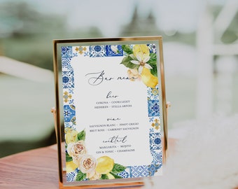 Blue tile and lemon Signature Drink Sign Template Lemon blue tile Printable Signature cocktail Sign Wedding His and Hers Drink Bar