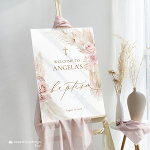 Modèle de plaque de bienvenue pour baptême rose rose herbe de la pampa blush Plaque de bienvenue imprimable Baptême de bienvenue bohème rose blush Panneau floral rose