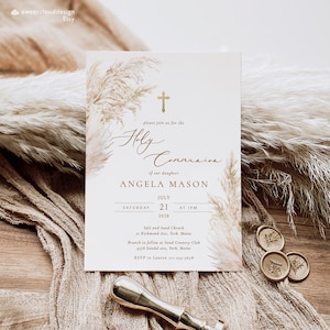 Pampasgras Heilige Kommunion Einladung Vorlage gold Kreuz Boho Pampas Grass Erste Heilige Kommunion lädt ein Printable Heilige Kommunion einladen