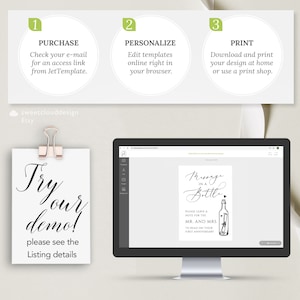 May include: A computer screen displaying a printable sign template for a wedding or engagement party. The sign says "Message in a Bottle" and has a black and white illustration of a bottle with a note inside. The text on the sign says "Please leave a note for the Mr. and Mrs. to read on their first anniversary."