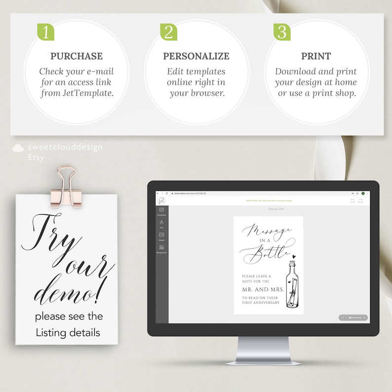 May include: A computer screen displaying a printable sign template for a wedding or engagement party. The sign says "Message in a Bottle" and has a black and white illustration of a bottle with a note inside. The text on the sign says "Please leave a note for the Mr. and Mrs. to read on their first anniversary."