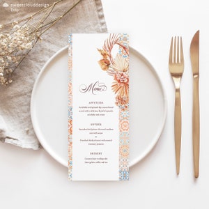 Boho terracotta Bruiloft Menusjabloon Marokko tegel Menu Afdrukbaar boho Bewerkbaar Menu Oranje boho Dinermenu palmblad bewerkbare Mea