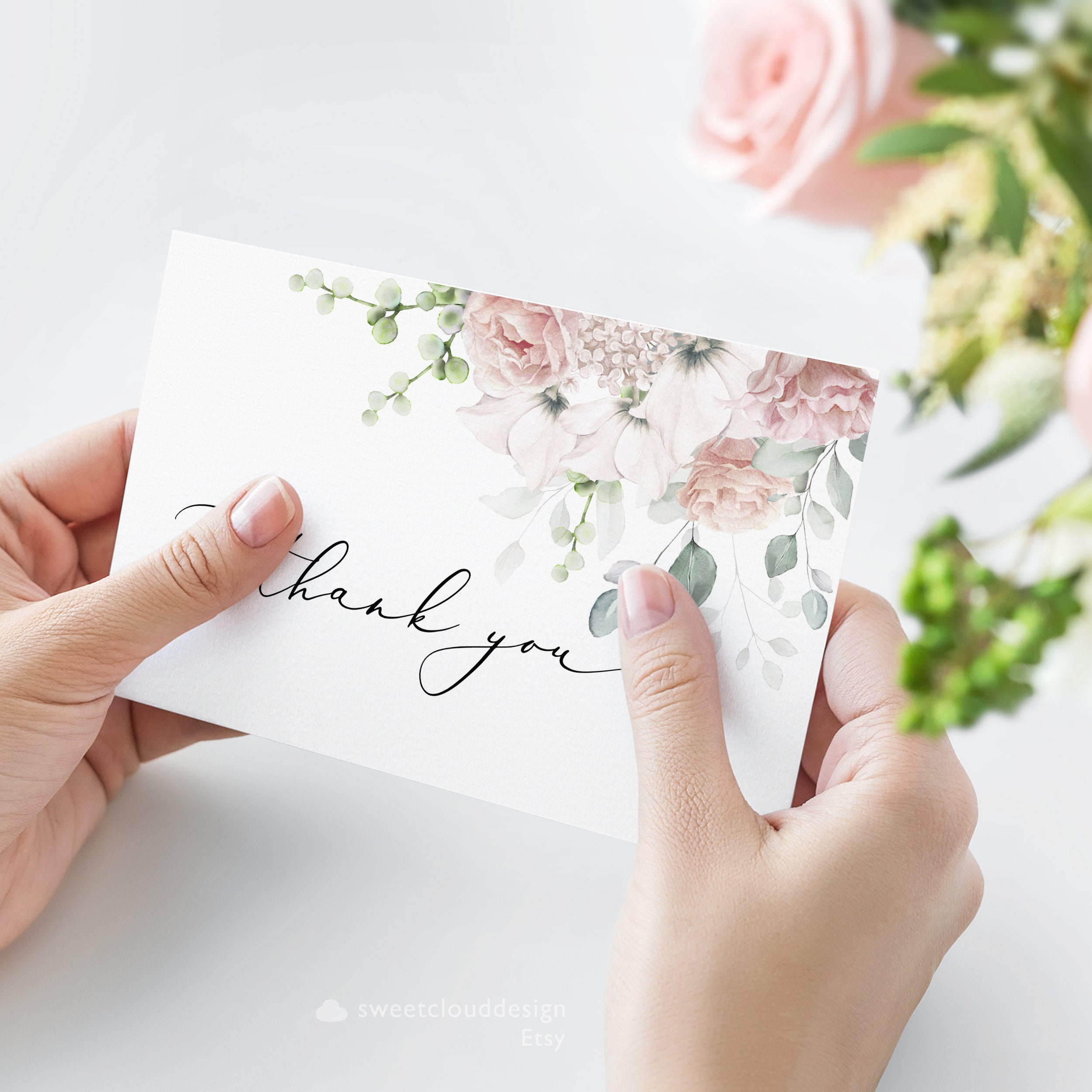 Dusty Pink Floral Thank You Wedding Thank You Card Template Editable ...