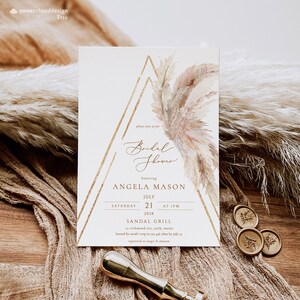 Pampas herbe Bridal Shower invitation modèle or Boho Bridal Shower inviter modèle Boho Bridal Shower carte carte imprimable modifiable