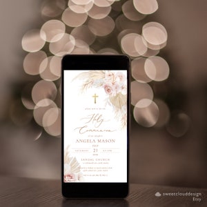 May include: A digital invitation for a Holy Communion celebration. The invitation features a floral design with a cross and the text "Please join us for the Holy Communion of our daughter Angela Mason, Saturday, July 21, 2028, at 1 PM, Sandal Church."
