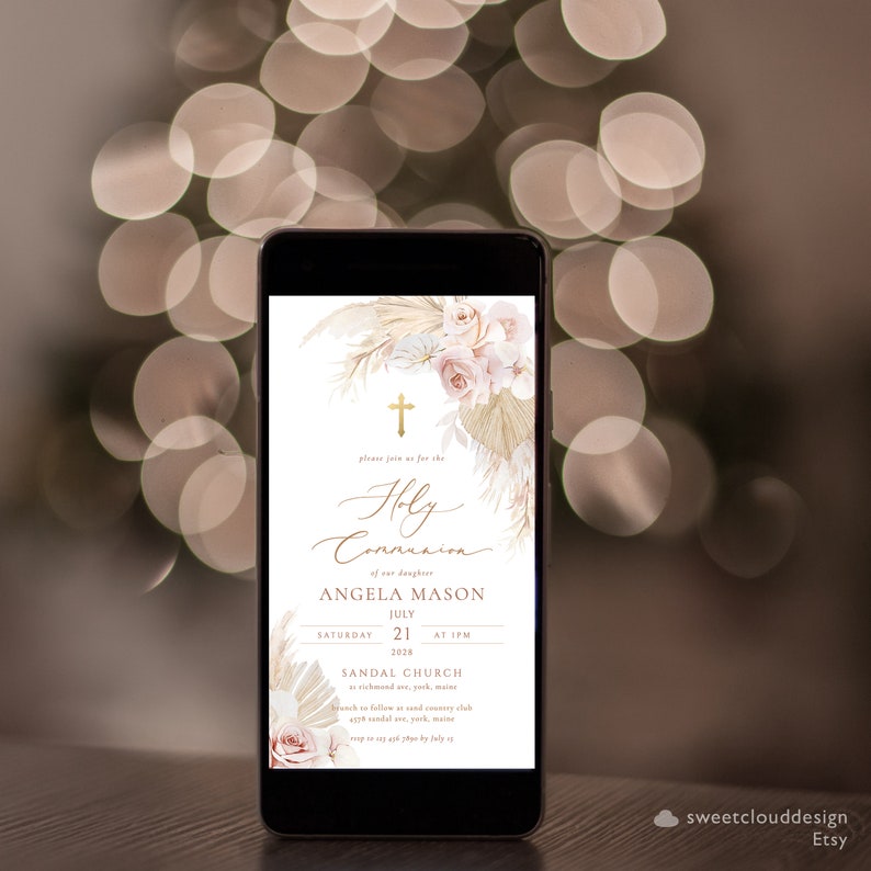 May include: A digital invitation for a Holy Communion celebration. The invitation features a floral design with a cross and the text "Please join us for the Holy Communion of our daughter Angela Mason, Saturday, July 21, 2028, at 1 PM, Sandal Church."