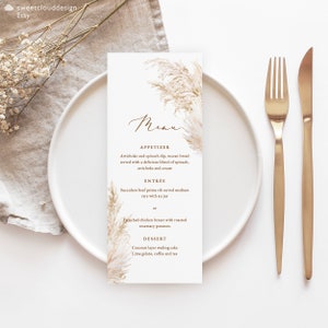 Szablon menu BOHO Pampas grass Menu ślubne Boho Do wydrukowania menu stołu z trawy pampasowej Edytowalny szablon Menu kolacji do pobrania Pampams
