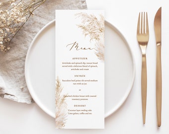 BOHO Pampas grass Menu Template Bohemian wedding Menu Printable pampas grass table menu Editable template Dinner menu  download Pampams