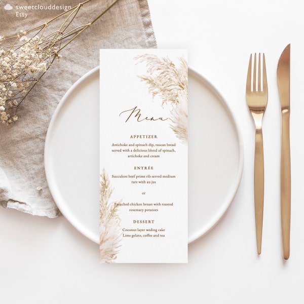 Modèle de menu en herbe de pampa BOHO Menu de mariage Boho Menu de table en herbe de pampa imprimable Modèle modifiable Menu du dîner télécharger Pampams