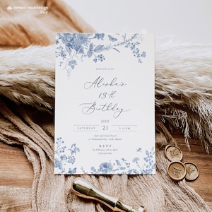 staubblaue Blume Geburtstagseinladung blau Blumen Geburtstagskarte Vorlage Quinceanera Einladung Vorlage blaue Blume Geburtstags-Party einladen
