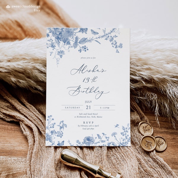 dusty blue flower birthday Invitation blue Floral birthday card template Quinceanera Invitation template blue flower birthday party invite