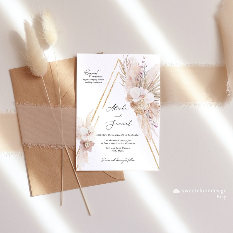 Boho Wedding Invitation beach tropical wedding Invitation Pampas grass invitation template Palm Leaf Invitation Bohemian Invitivation PAMELA image 7