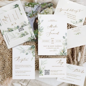 Zestaw zaproszeń ślubnych Greenery Zielone i złote zaproszenie ślubne edytowalne zaproszenie ślubne Dusty Green Wedding Invite Eucalyptus wedding