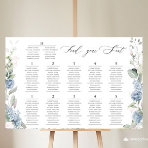 Carta de asientos de boda floral azul acero, plan de asientos de acuarela verde, plantilla de asientos editable, plan de asientos de boda, letrero de asientos, gracia
