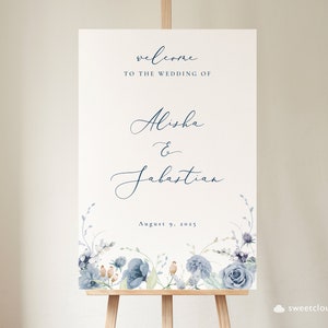 Dusty Blue flower Welcome to Wedding Sign Template, Steel blue welcome sign,blue floral Welcome Sign Printable, winter floral sign, Berrie