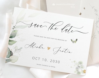 greenery save the date card, green garden save the date template, green leaves save our date horizontal card, elegant greenery save the date