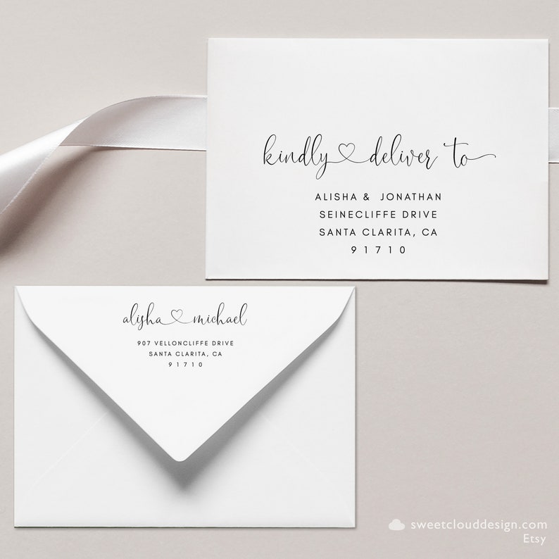 Puede incluir: Dos sobres blancos con direcciones escritas a mano. El sobre superior dice "kindly deliver to Alisha & Jonathan, Seinecliffe Drive, Santa Clarita, CA 91710". El sobre inferior dice "alisha michael, 907 Velloncliffe Drive, Santa Clarita, CA 91710".