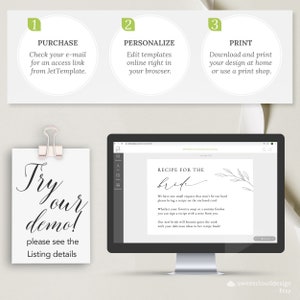 May include: A computer screen displaying a recipe card template for a wedding. The text on the card reads "Recipe for the Bride". The text on the screen says "Try our demo! Please see the listing details".