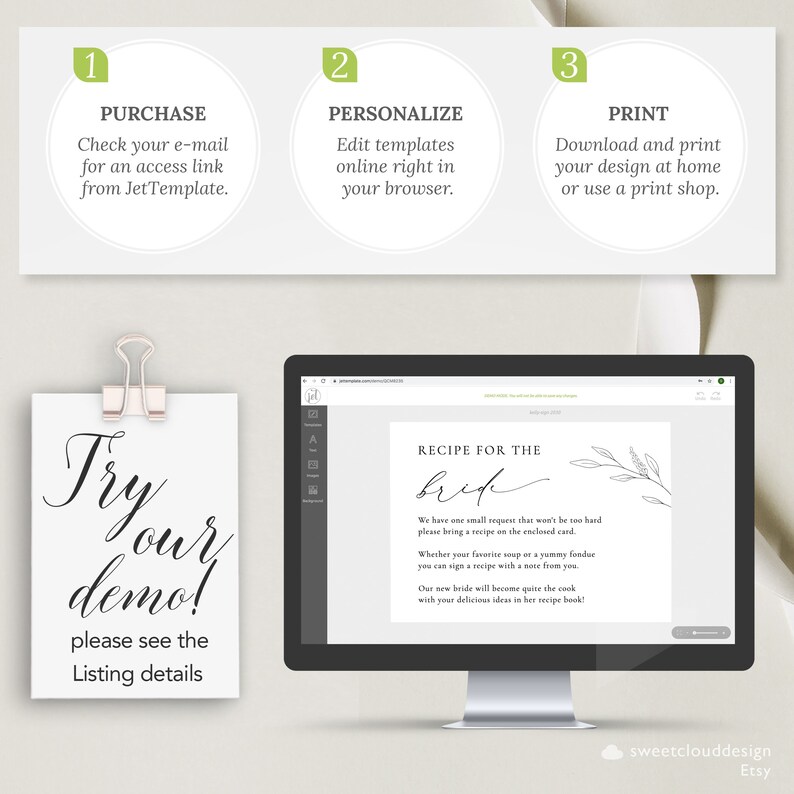 May include: A computer screen displaying a recipe card template for a wedding. The text on the card reads "Recipe for the Bride". The text on the screen says "Try our demo! Please see the listing details".