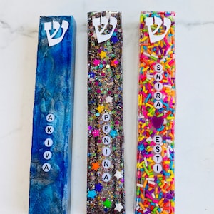 Personalized Resin Mezuzah with Letter Beads, Jewish Baby Gift