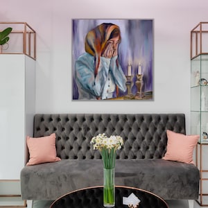 Shabbat Lights Judaic art, Shabbat candle lighting painting, jewish woman art