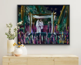 May include: A painting of a wedding ceremony taking place outdoors at night. The bride and groom stand under a wooden archway decorated with white fabric and greenery. The guests are gathered in the background, their figures painted in a colorful, abstract style.