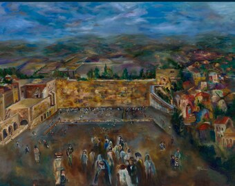 Israel biblical holy painting Jerusalem Old City Kotel Judaica Blue green Earth Tone colors huge wall hanging Jewish art