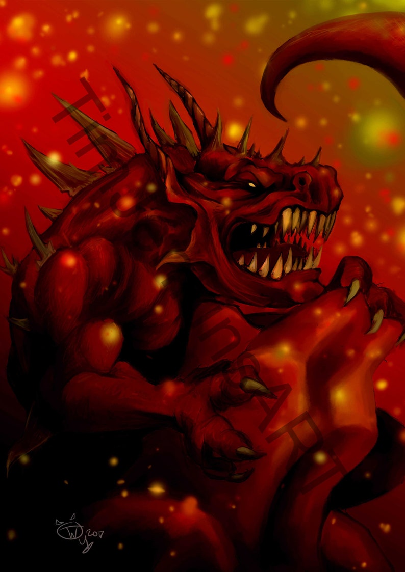 Hellbeast Demon Devil Monster Red Fire Digital Art Painting A4 Etsy