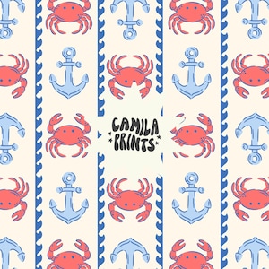 May include: A seamless pattern featuring red crabs and blue anchors on a cream background. The pattern is bordered by blue wavy lines. The text "Camila Prints" is centered in the pattern.