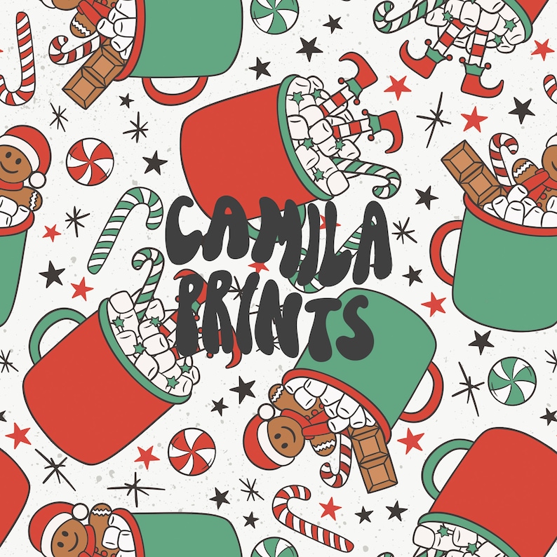 May include: A seamless pattern featuring red and green mugs filled with marshmallows, candy canes, and gingerbread men. The mugs are surrounded by stars, candy canes, and peppermint candies. The text "CAMILLA PRINTS" is written in black across the pattern.