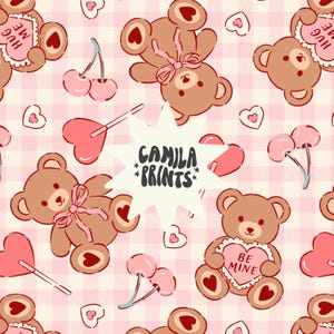 May include: A seamless pattern featuring brown teddy bears holding heart-shaped candies with messages like "Hug Me" and "Be Mine". The background is a pink and white gingham pattern with cherries and lollipops.