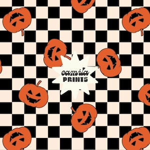 May include: A seamless pattern featuring orange jack-o'-lantern pumpkins on a black and white checkered background. The text "camilla PRINTS" is in the center of the image.