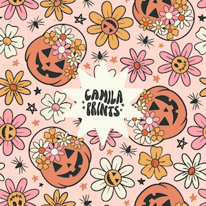 May include: A seamless pattern featuring orange and yellow flowers, black stars, and orange jack-o'-lantern pumpkins with flower crowns. The text "CAMILA PRINTS" is in a white speech bubble.