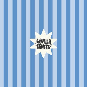 May include: A background with vertical stripes in shades of blue. A white starburst shape contains the text "CAMILA PRINTS" in black, with small star accents.