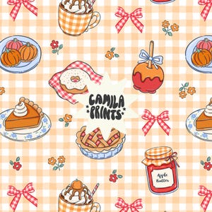 May include: A repeating pattern with autumnal illustrations on a light orange and white gingham background. The design includes pumpkins, pie, apple butter, caramel apples, donuts, and coffee. Red bows and small flowers are scattered throughout. The text "CAMILA PRINTS" is in the centre.