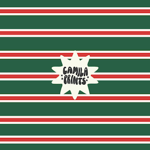 May include: A repeating pattern of horizontal stripes in dark green, white, and red. Centred on the pattern is a cream-coloured, multi-pointed star shape featuring the dark text "CAMILA PRINTS" with small star icons on either side of the word.