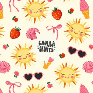 May include: A seamless pattern featuring a variety of summer-themed illustrations, including smiling suns, pink seashells, strawberries, ice cream cones, sunglasses, and pink bows. The text "Camila Prints" is also included in the pattern.