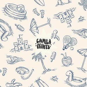 May include: A seamless pattern featuring hand-drawn illustrations of summer and beach-themed elements. The design includes a beach ball, sandcastle, ice cream, palm tree, and a dinosaur-shaped pool float. The text "CAMILA PRINTS" is also included.
