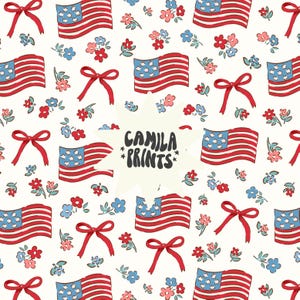 May include: A seamless pattern featuring red, white, and blue American flags, red bows, and small blue and pink flowers on a white background. The text "CAMILA PRINTS" is in the center of the pattern.